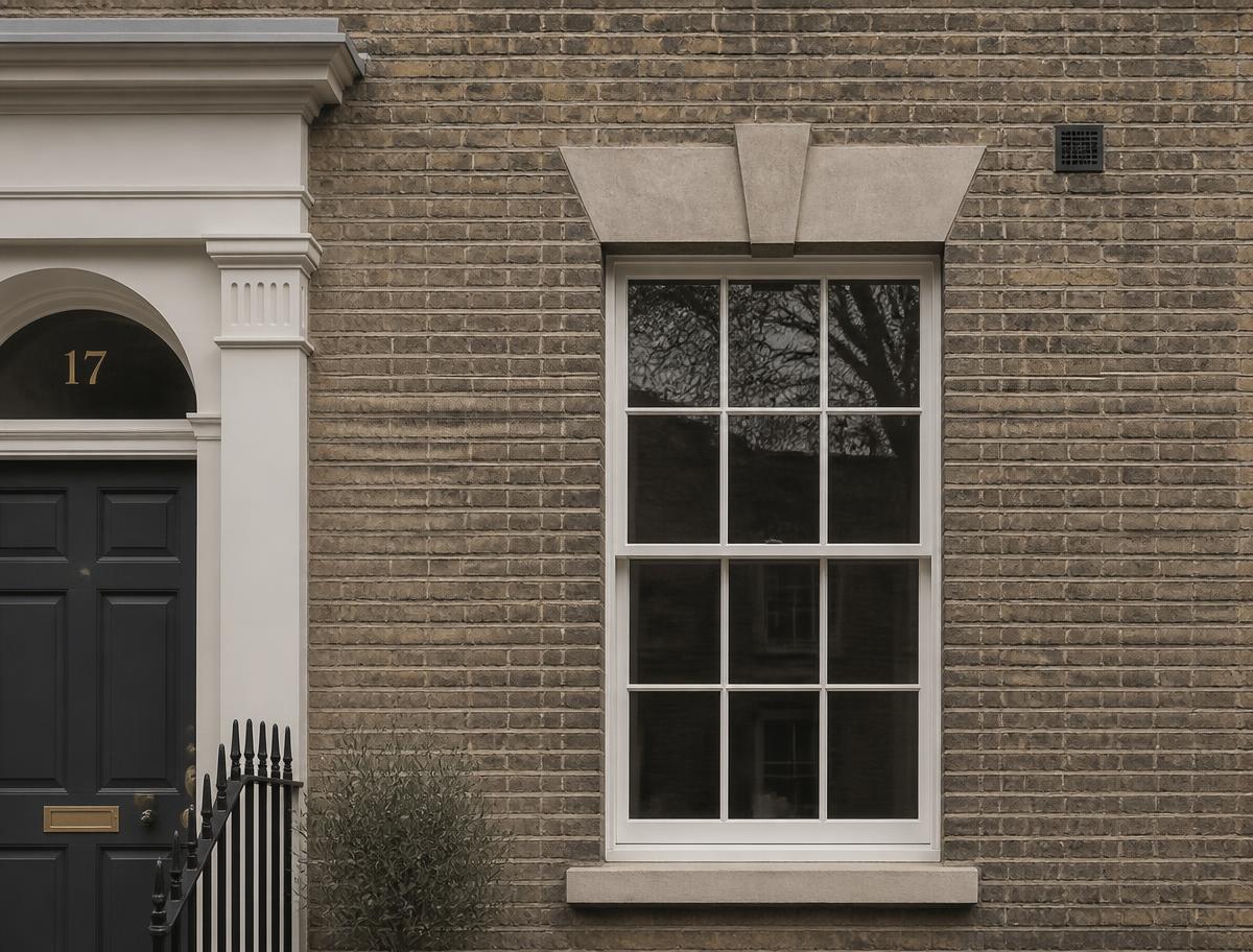 Architectural detail of a British residential facade with sash window and stone lintel